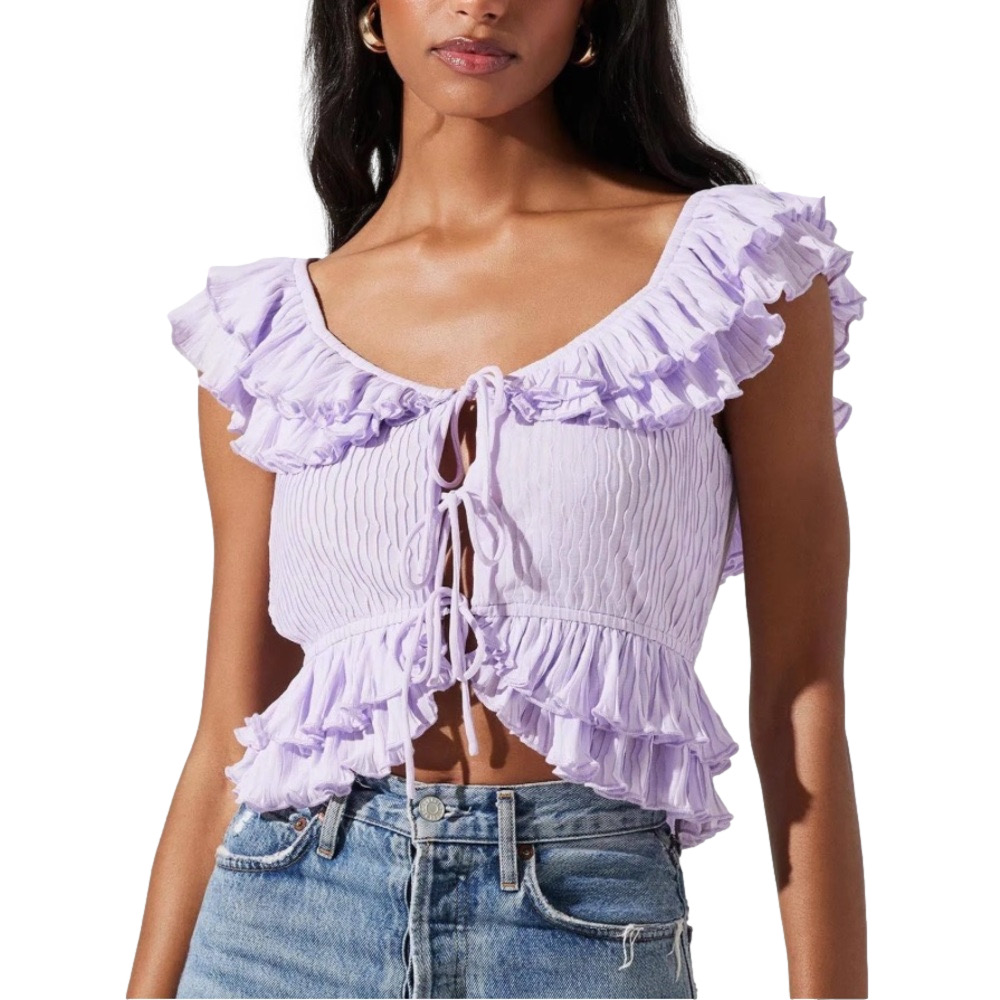 ASTR THE LABEL Women’s Lavender Ruffle Pintuck Tie-Front Crop Top